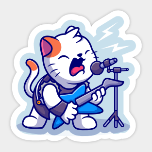 Cute Cat Rocker With Guitar Cartoon Sticker